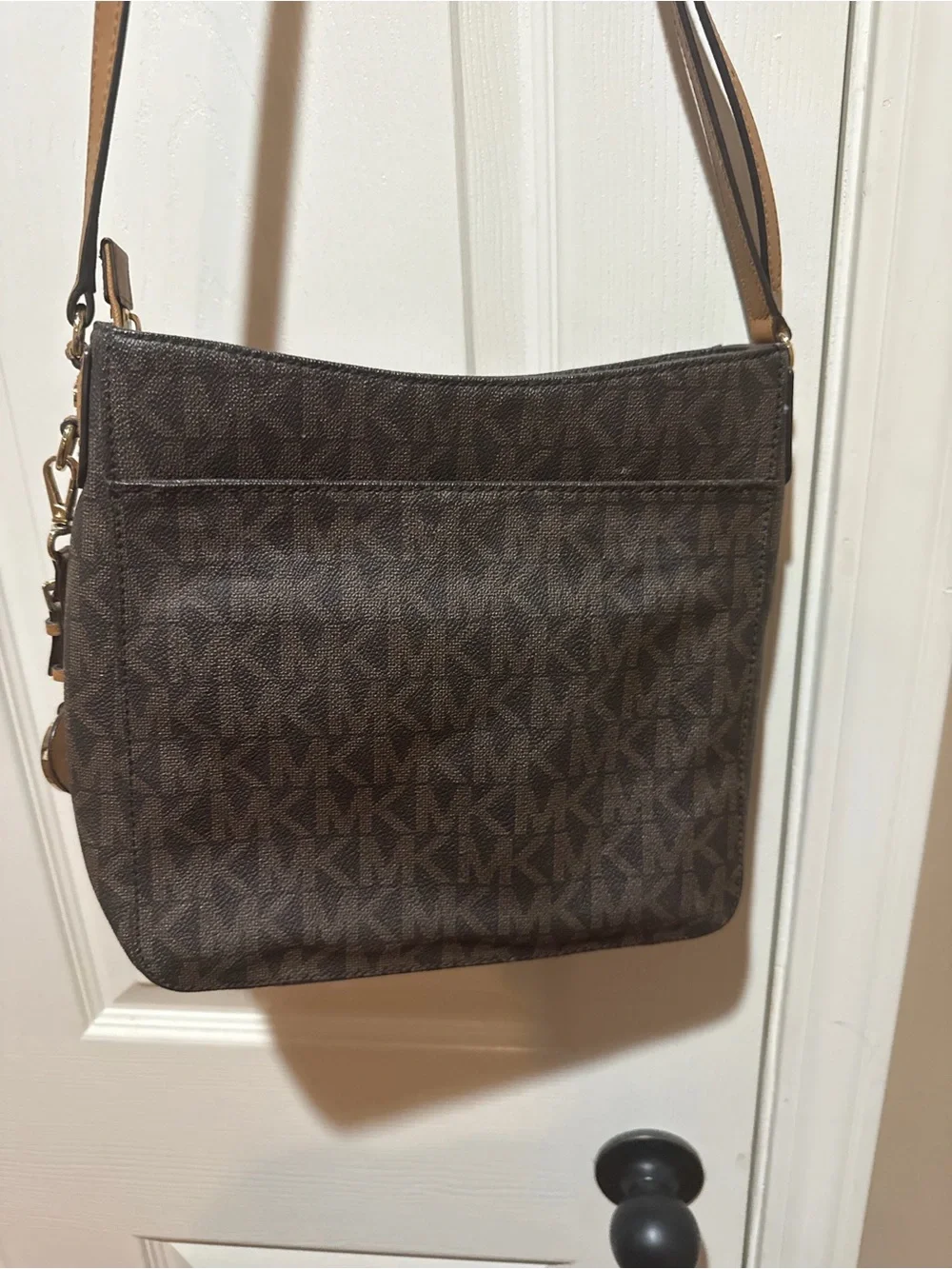 Michael Kors Dark Brown Logo Crossbody with Tan Strap